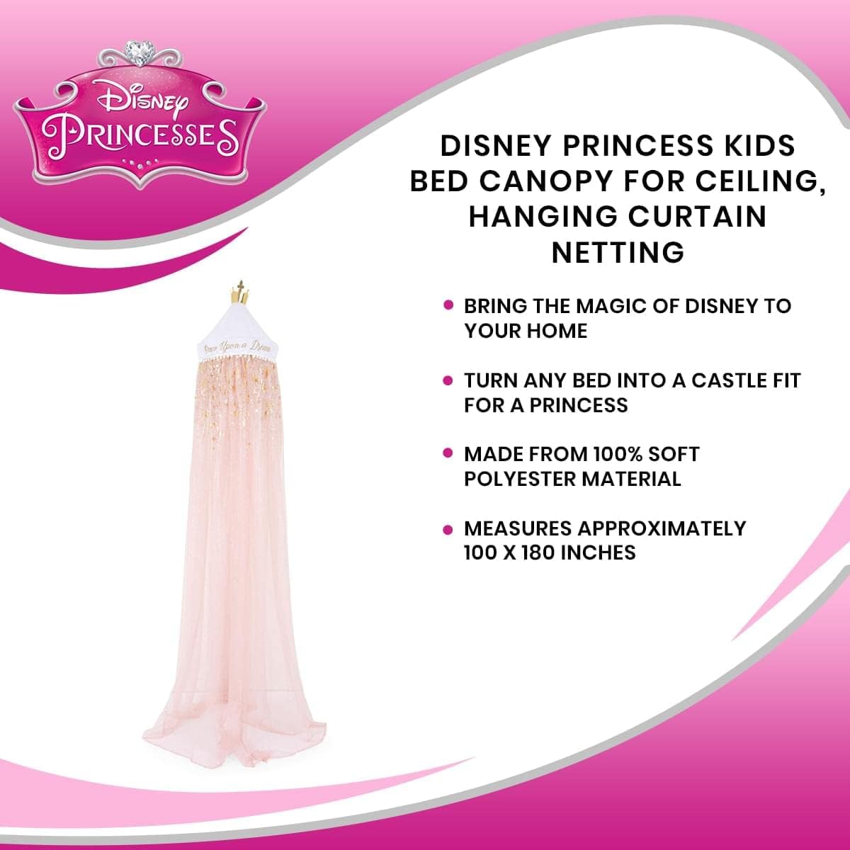 Disney Princess Kids Bed Canopy Curtains for Ceiling, Hanging Mosquito Netting Cover for Reading Nook, Sleeping Tent | Fairytale Playroom Accessories, Home Decor Room Essentials