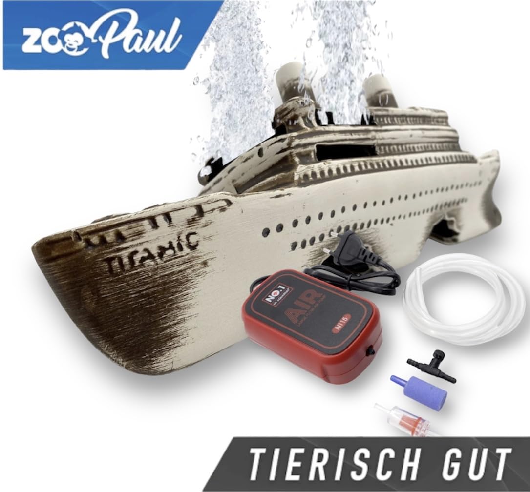 ZooPaul Sprudel Set Keramik Deko und Pumpe + Zubehör Dekoration Aquarium Schiffswrack Titanic Schiff