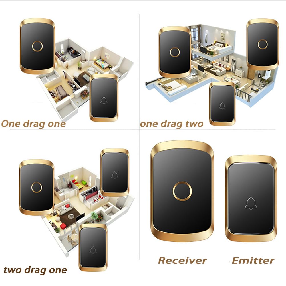 Timbre Inalámbrico Exterior Impermeable IP55, Timbre para Puerta Largo Alcance de 300m, Indicador LED, 1 Transmisor y 2 Receptores, 5 Niveles de Volumen Ajustable, 60 Melodías,Black Gold