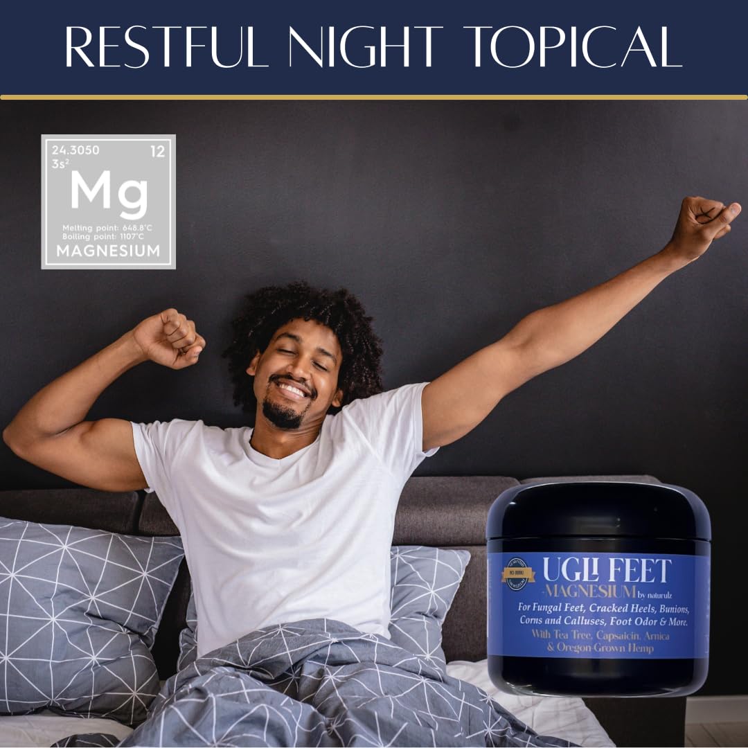 Ugli Feet + Magnesium by Naturulz with Tea Tree, Capsaicin & Arnica. Soothing Magnesium foot rub Magnesium-rich 'NO JUNK' formula For Leg Cramps, Restless muscles, Calluses & Itchy, Fungal Feet.