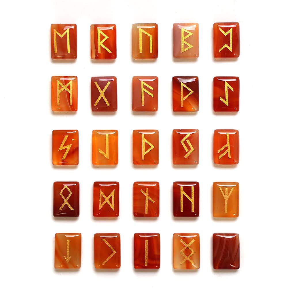 Wangcl Red 25Pcs Jasper Runes Stones Set Tumbled Gemstone With Carved Rune Words For Fortune Telling Crystal Healing Reiki