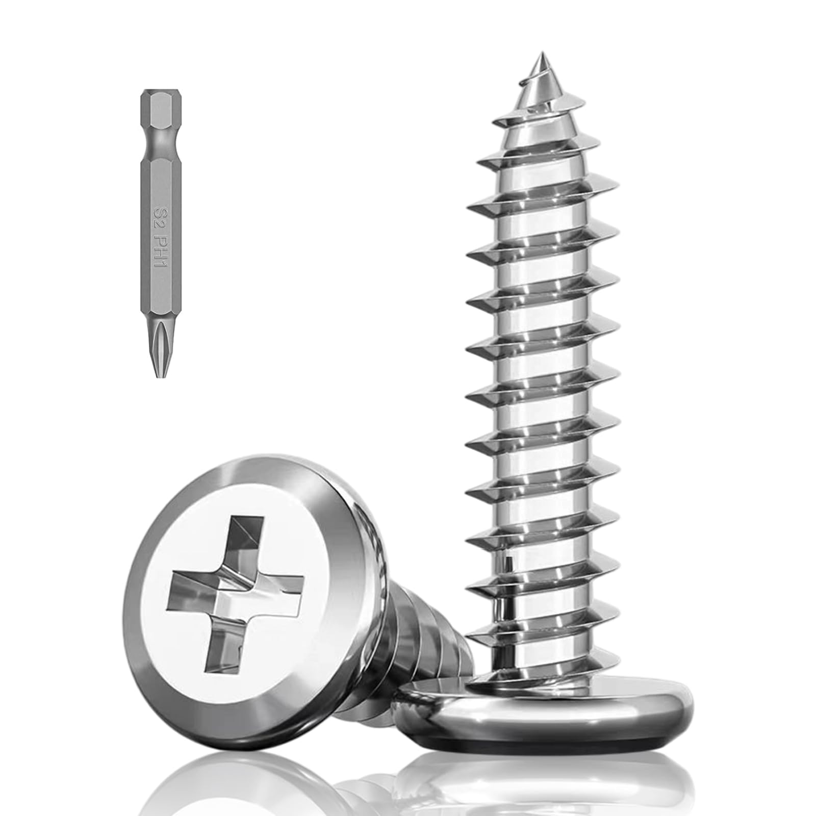 30Pcs M6 x 30mm Flat Head Self-Tapping Screws, 304 Stainless Steel Phillips Drive Fastener Screws, Cross Drive Self Drilling Screws 2 Bits for Wood, Furniture and DIY Projects