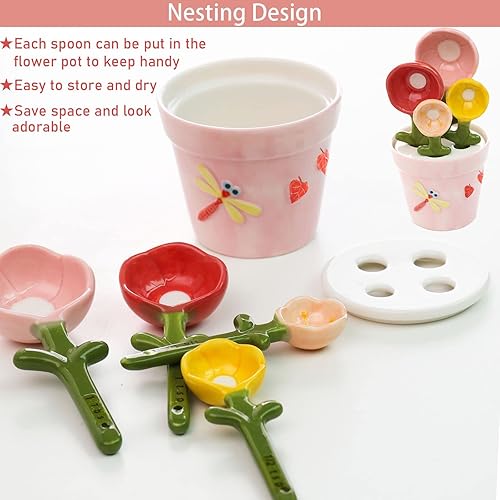 Miniatura 2 de Juego de cucharas medidoras de flores en maceta, regalos únicos para hornear, tazas y cucharas medidoras de cerámica con soporte para ingredientes