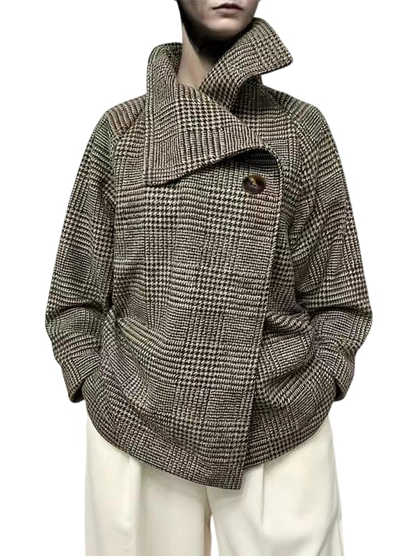 UOOZEE Womens Vintage Houndstooth Long Sleeve Blazer Work Suit Jackets Stand Collar Plaid Formal Office Work Coats