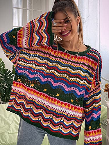 Cozyease Women'S Oversized Sweater Colorblock Long Sleeve Drop Shoulder Round Neck Pullover Sweater Tops Multicolor L thumb #5
