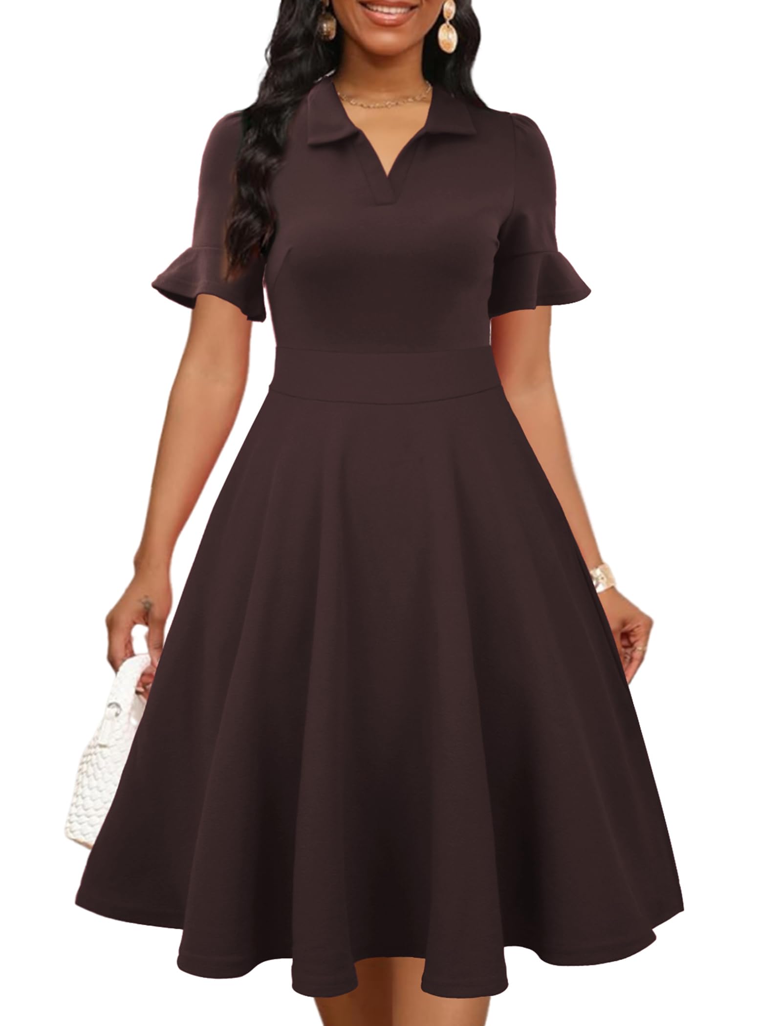 Mokayee Womens Summer Ruffle Sleeve Collared V Neck Fit and Flare Elegant A line Swing Dresses with Pockets