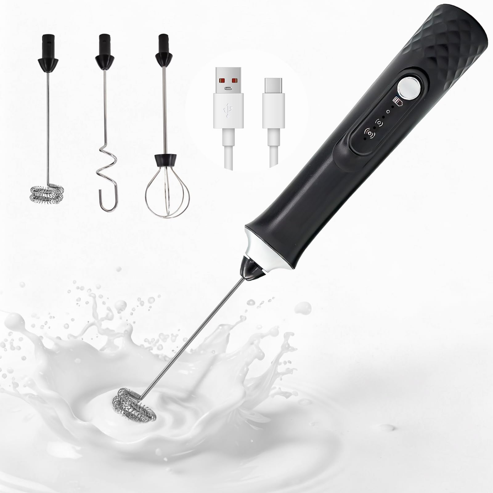 Handheld Milk Frother, USB Rechargeable Electric Milk Foam Maker with 3 Stainless Steel Whisk, Dual Spring Whisk, 3 Speeds, Mini Whisk for Coffee, Matcha, Milkshake, Hot Chocolate, Egg, Drink Mixer