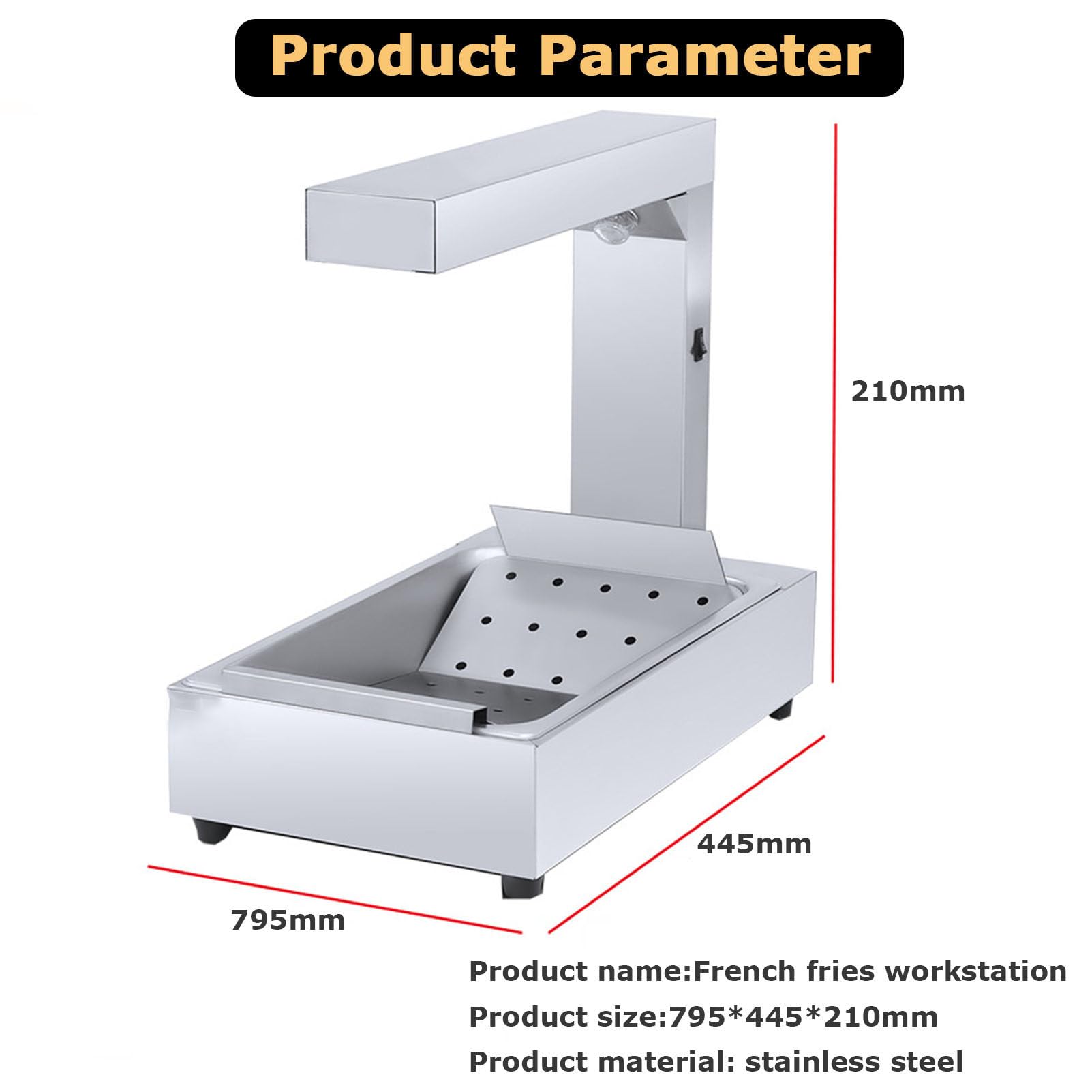 Lampada riscaldante per patatine fritte, stazione riscaldante autoportante in acciaio inox per patatine fritte in caffetterie e alberghi