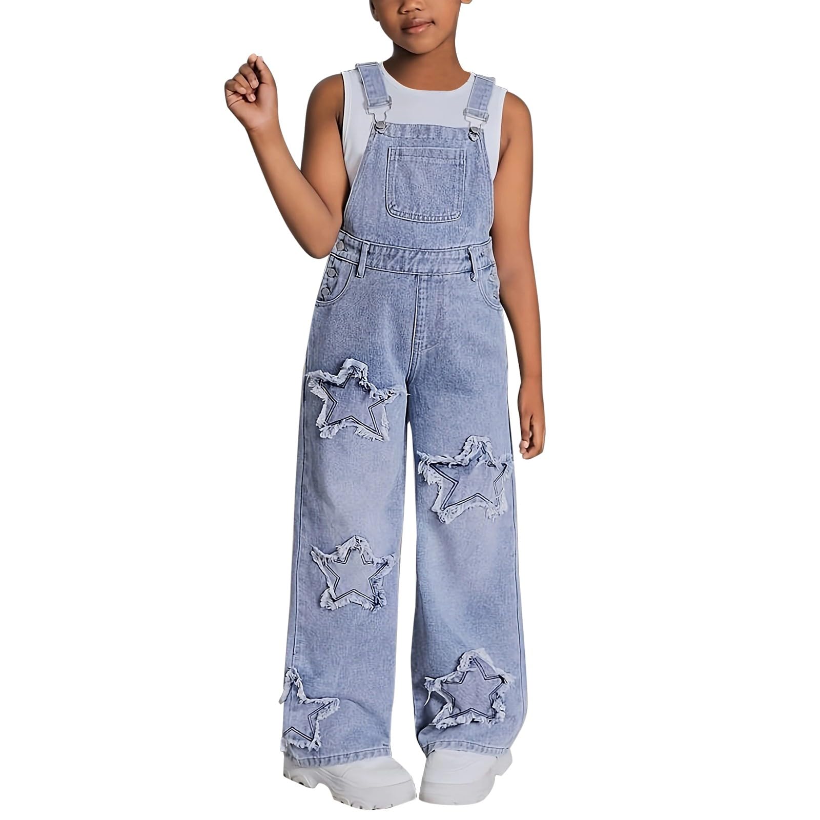 Jean Jumpsuit Mädchen Stern Stickerei Y2k Jeanslatzhose Hip Hop Denim Overall Latzhose mit Taschen Kinder Girls Weite Bein Playsuit mit Verstellbaren Hosenträgern Blaue Latzhose