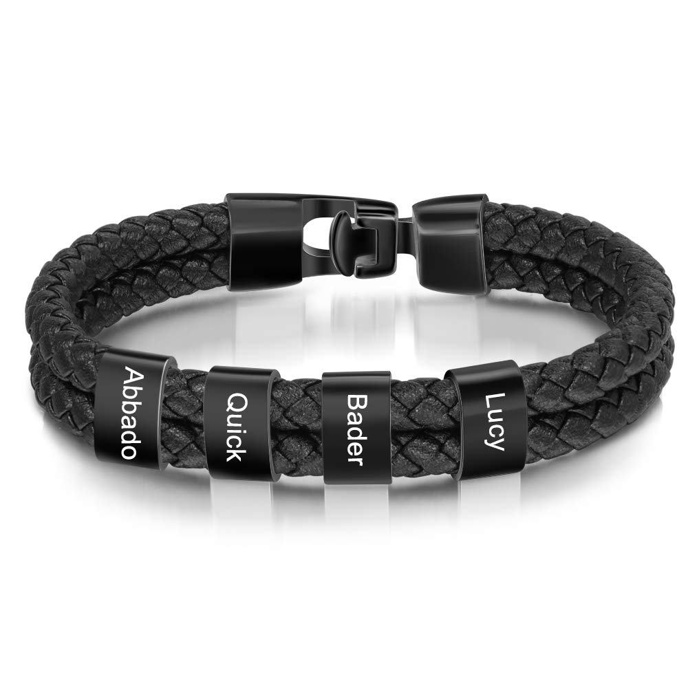 Lovejewellery Pulseras de Cuero Personalizadas para Hombre Pulseras con Nombre Pulseras con Dijes para Grabar de 2~5 Nombre de Familia ID Identidad Pulsera Trenzada para Padre Grandad