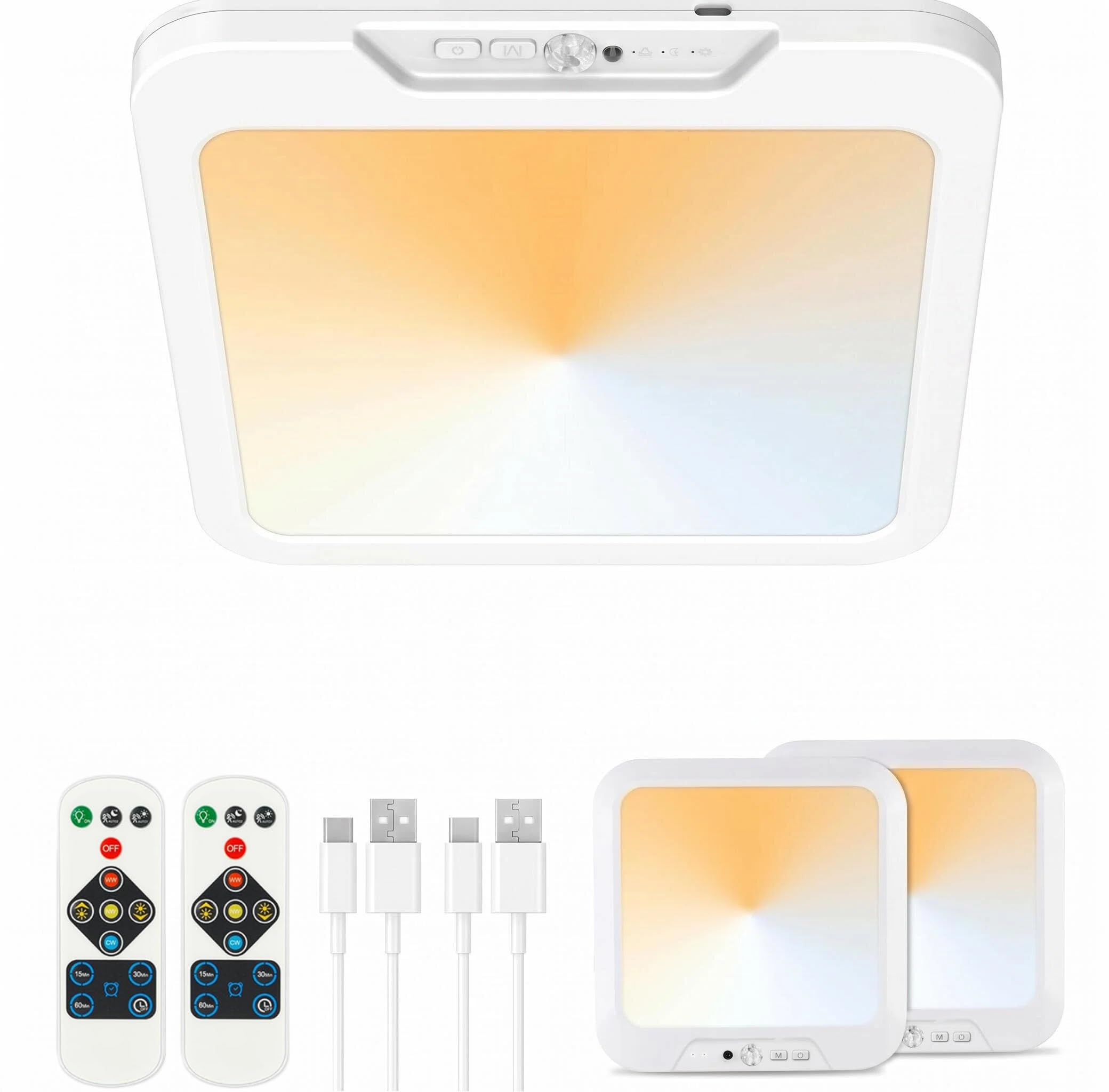 Lámpara de techo recargable con sensor de movimiento y control remoto, 3 temperaturas de color (3000 K/4500 K/6500 K), temporizador y pilas USB-C para baño, ducha, escaleras, pasillo, garaje, despensa