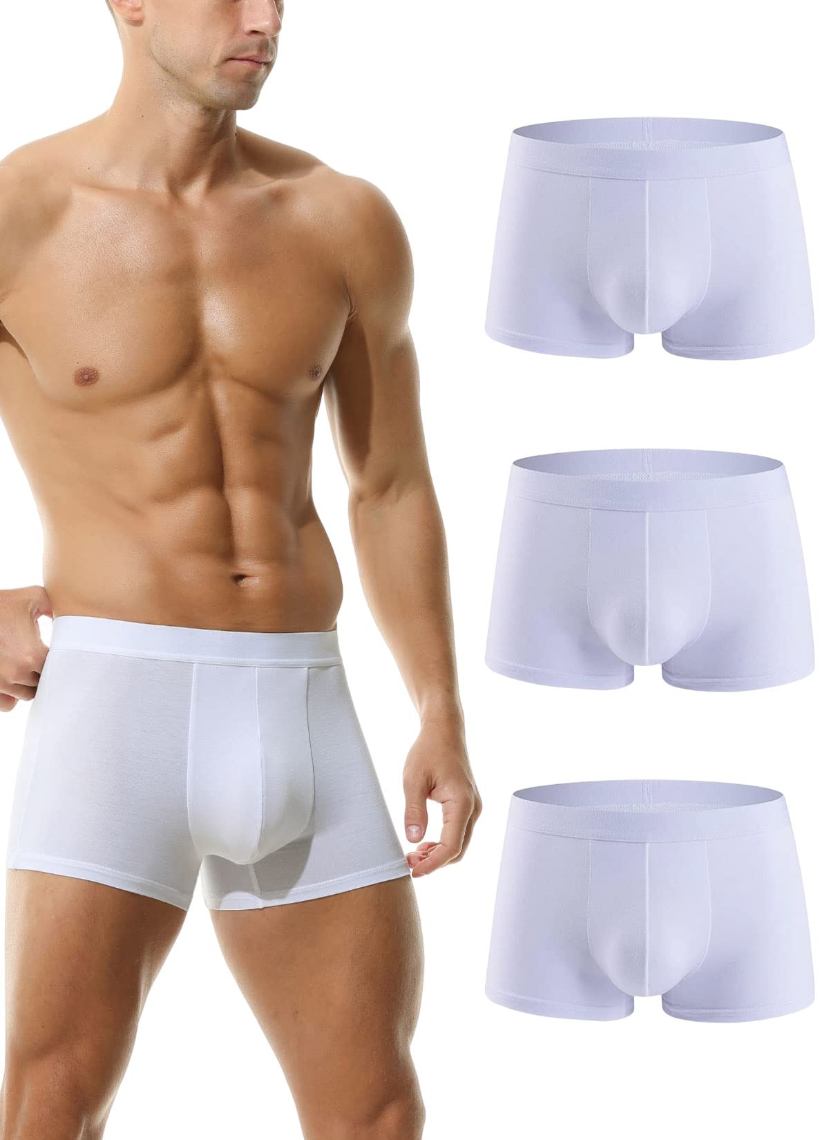 Hoerev Men Bamboo Fibre Boxer Shorts Trunks Underwear Pack of 3,3White,S