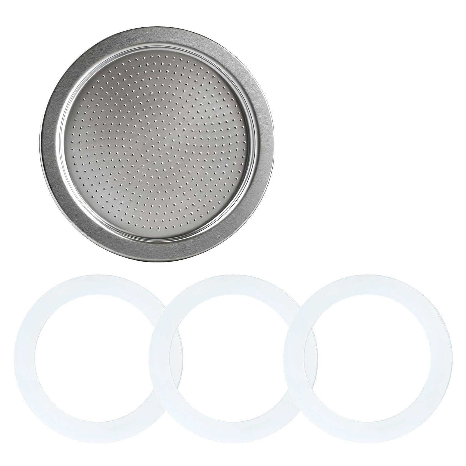 Gasket for 6 Cup Espresso Maker Moka Pot Seal Ring Replacement - Food Grade Silicone Rubber Ring for Moka Express Stovetop Coffee Maker, 3-Pack Silicone Gaskets & Stainless Steel Filter Included