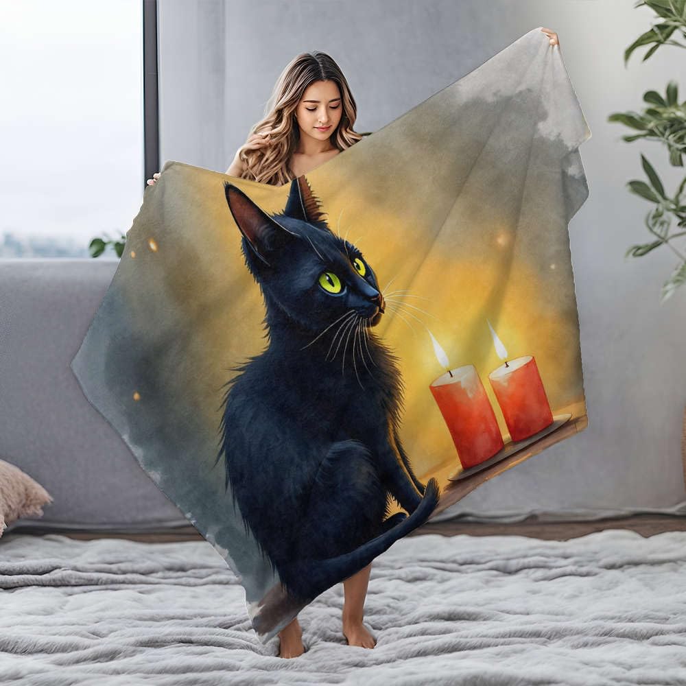 Couverture en flanelle chat noir et bougies 125x150cm pour des soirées cocooning chaleureuses