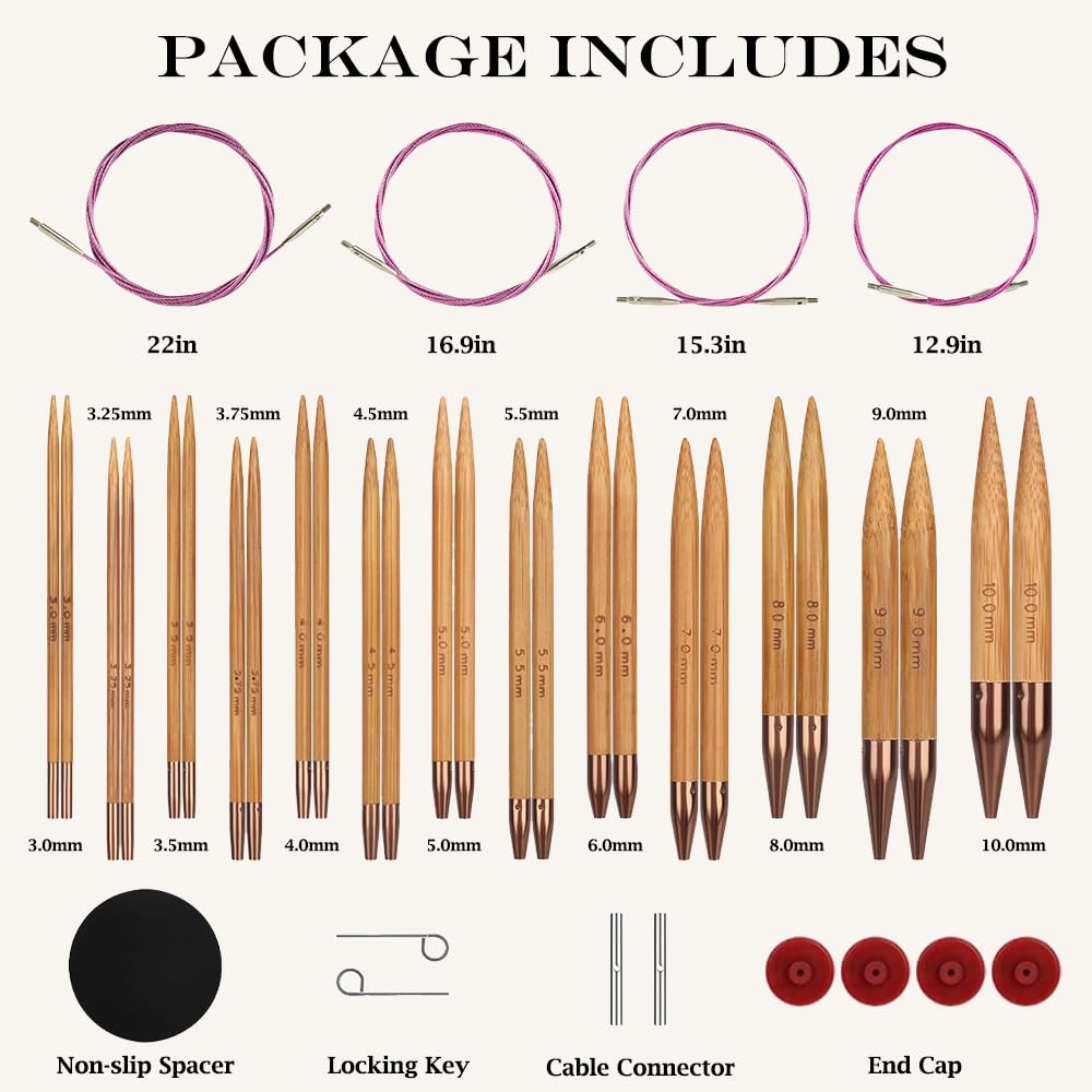Knitiss Rundstricknadeln Set Bambus, 13 Paar, Rundstricknadeln 3–10 mm | Set mit austauschbaren Rundstricknadeln, 10 cm, mit 360°-Drehgelenk