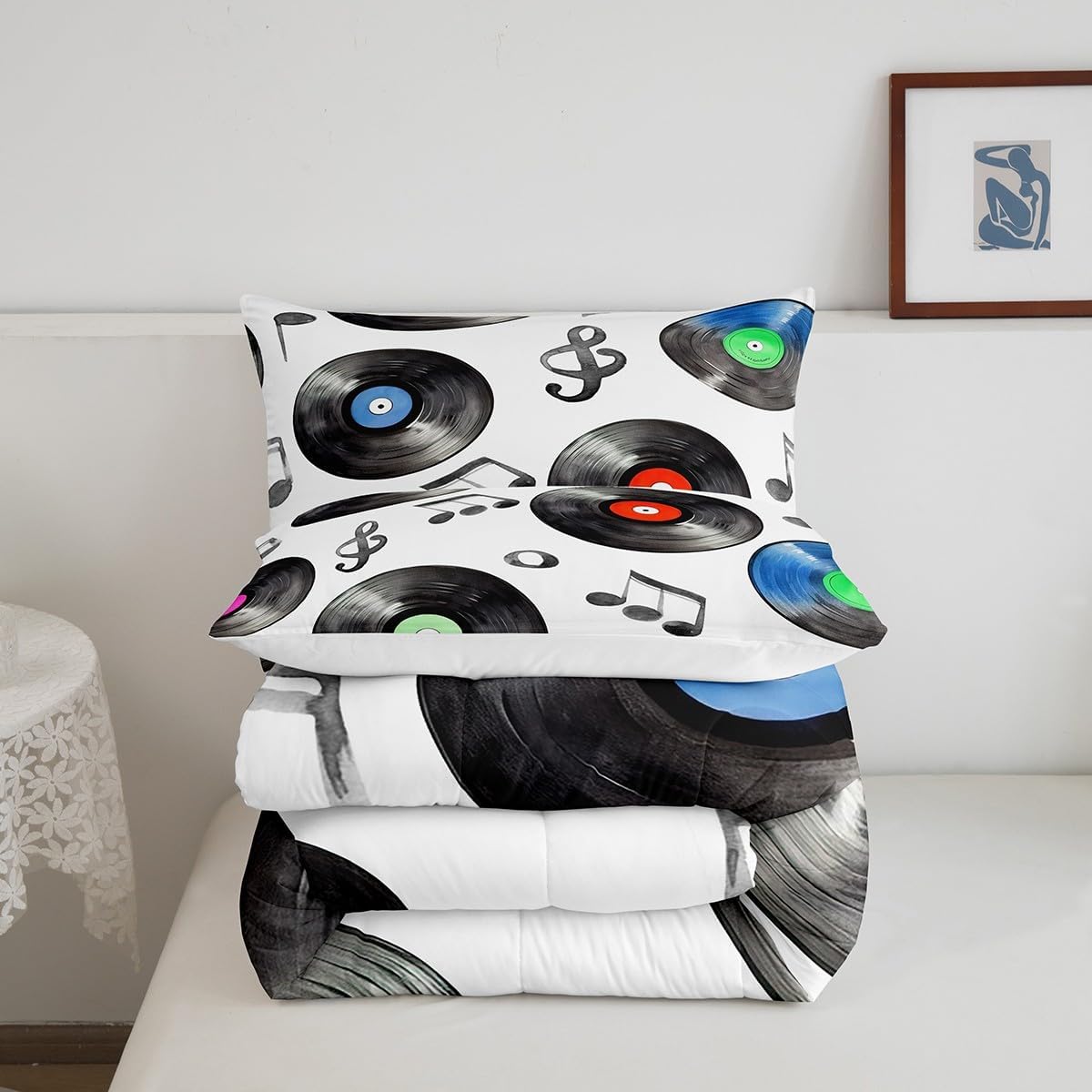 Erosebridal Vinyl Record Comforter Set Queen Size,Music Notes Bedding Set for Kids Teens,Cartoon Hand Drawn Style Quilt Comforter,Musical Audio Melody Reversible Duvet Set,Black Blue Red