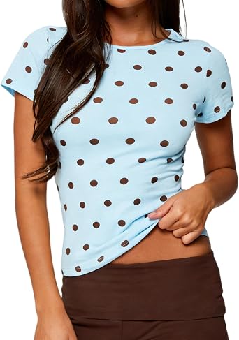 Polka Dot Shirts for Women Short Sleeve Crew Neck Tight Crop Tops Y2k Baby Tees Cute Summer Going Out Tops