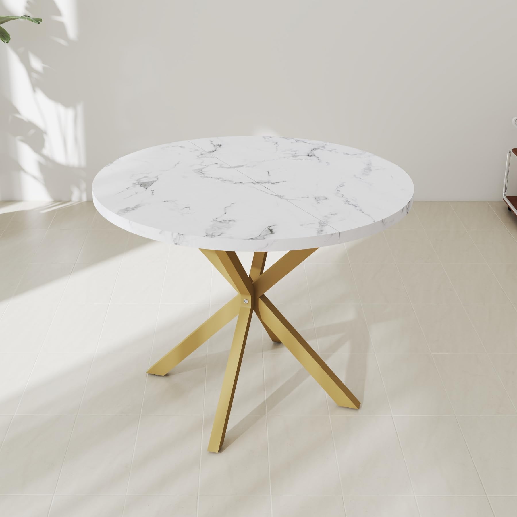 Table à Manger Ronde Moderne, avec Plateau en MDF, avec Pieds en Métal doré, Table pour Salon ou Cuisine, Table à Manger Nordique, 100 cm - Texture Marbre