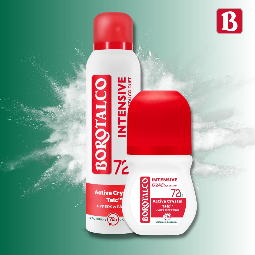 Borotalco Intensive - Deospray 12x150ml - 72 Stunden Wirksamkeit - Formel mit Active Crystal Talc für dreifachen Schutz gegen Schweiß- Herren & Damen - Bodyspray