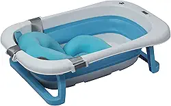 Banheira Bebê Dobrável Rígida Infantil Confortável Segura Azul e Rosa Com Termômetro Portátil Com Almofada De Banho (Azul)