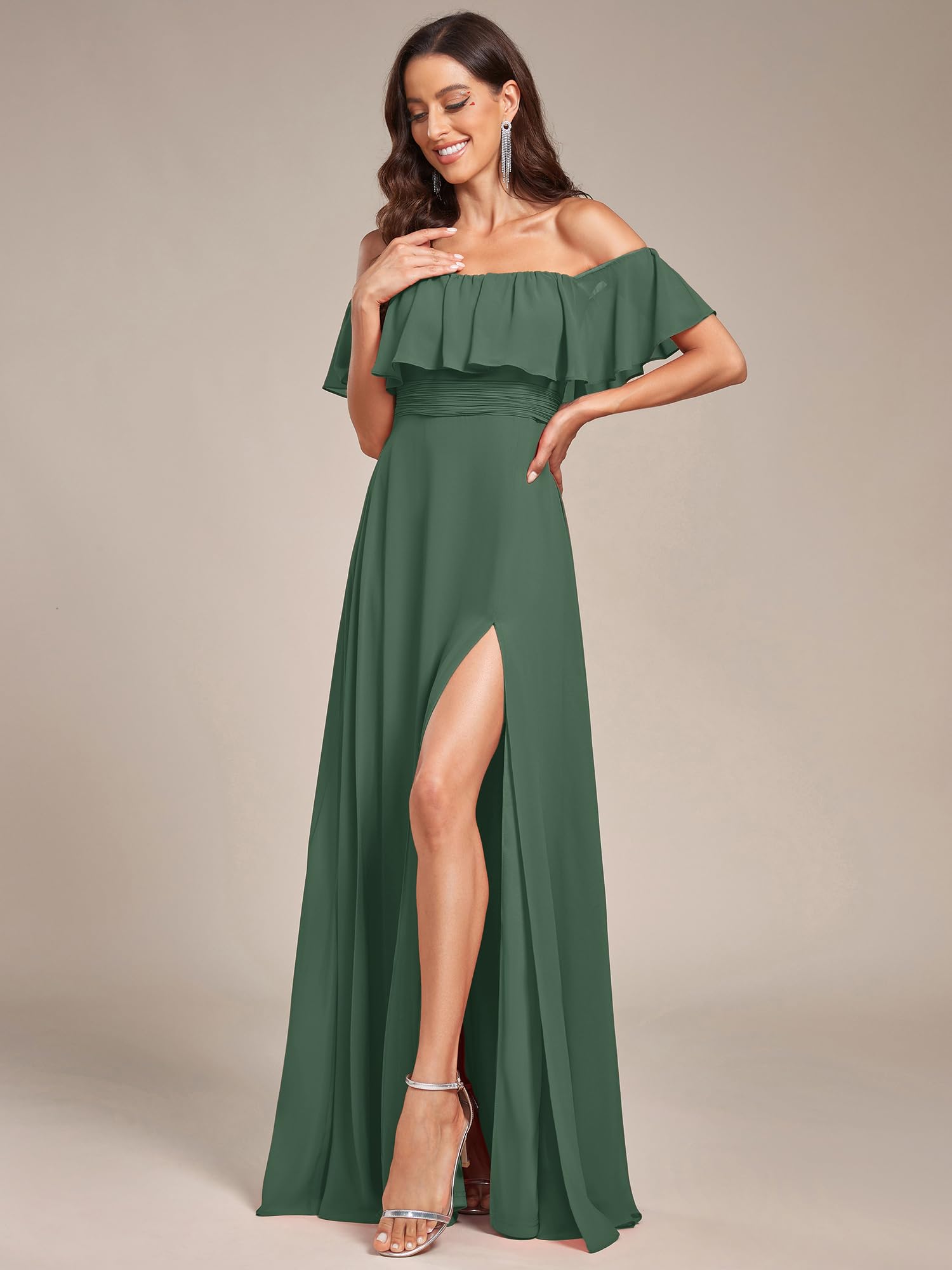 Ever-Pretty Vestito da Cerimonia Donna dalla Spalla Linea ad A Chiffon con Spacco con Volantes Stile Impero Lungo 00968