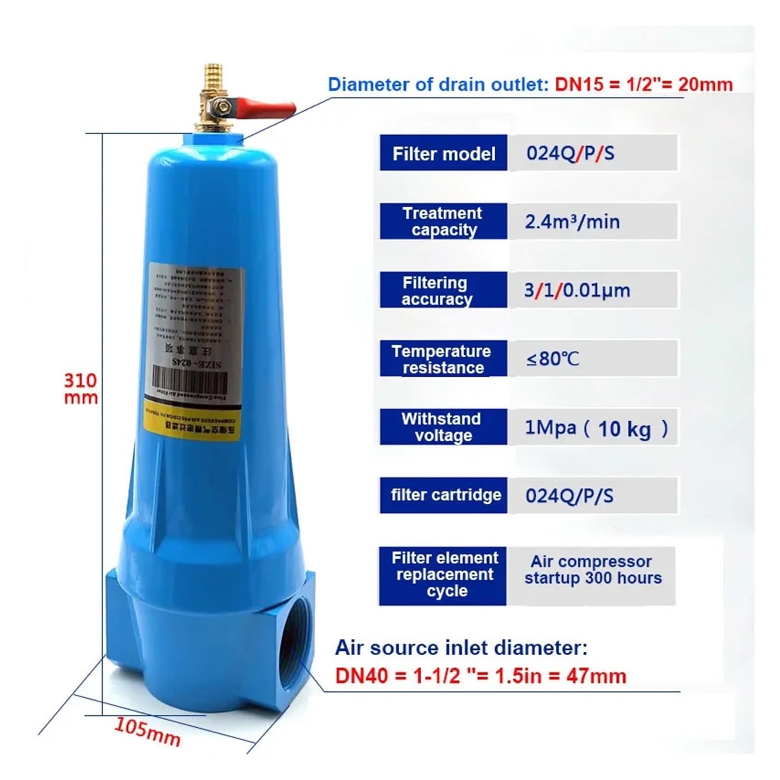 Filtro de precisión de aire comprimido QPS 024 Separador de agua y aceite compresor de aire 015 secador de agua seca(035P)