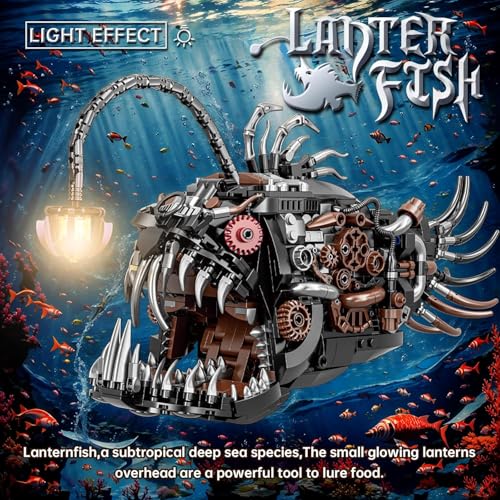 Image of SKY LINE OCEAN Mechanical Lantern Fish Building Blocks Set (1038+ PCS) | Complex for Ages 14+ | Light-Up Deep Sea Animal Model with Display Stand | STEM Construction Toy | 5 Year Structural Warranty