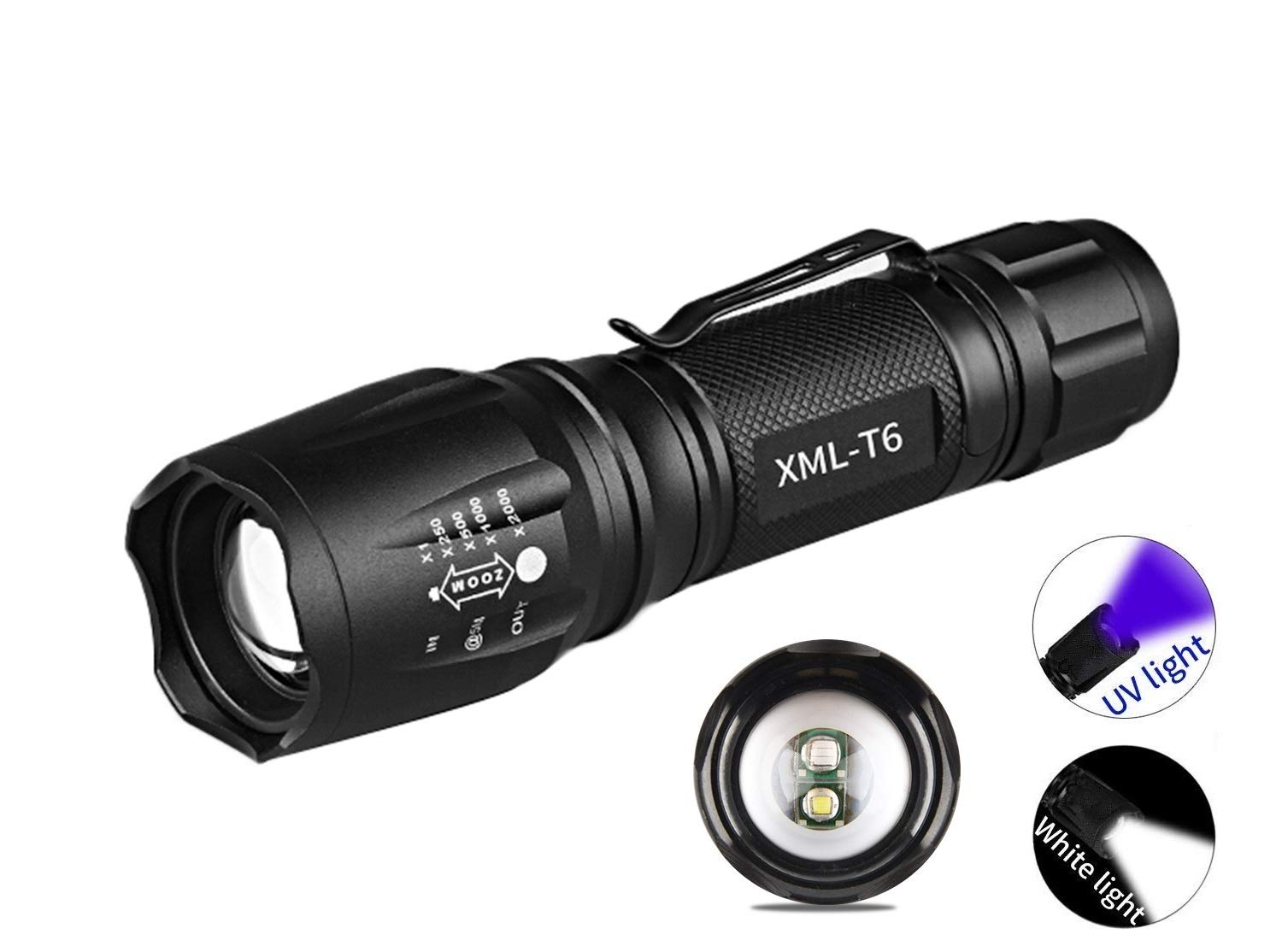 HappyGo UV flashlight&LED Flashlight,395 UV Ray&White light P6-T6,LED 6500 lm/FTC,Built-in 18650 lithium battery (AAA Battery usable),USB Charging IPX5,Pet urine detection Fluorescence detection,Z195