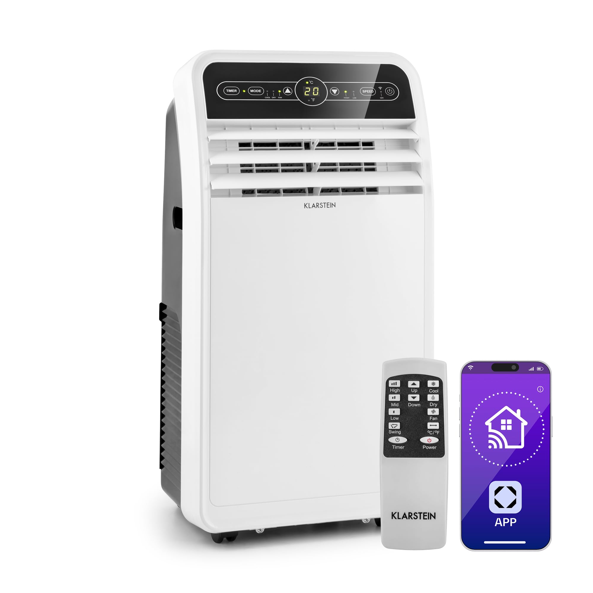 Klarstein Portable Air Conditioner, 4-in-1 Cooling Air Conditioning Unit for Home & Offices, with Night Mode, Smart App, Dehumidifier, Low Consumption Small Aircon Unit, Portable AC, 7000 BTU