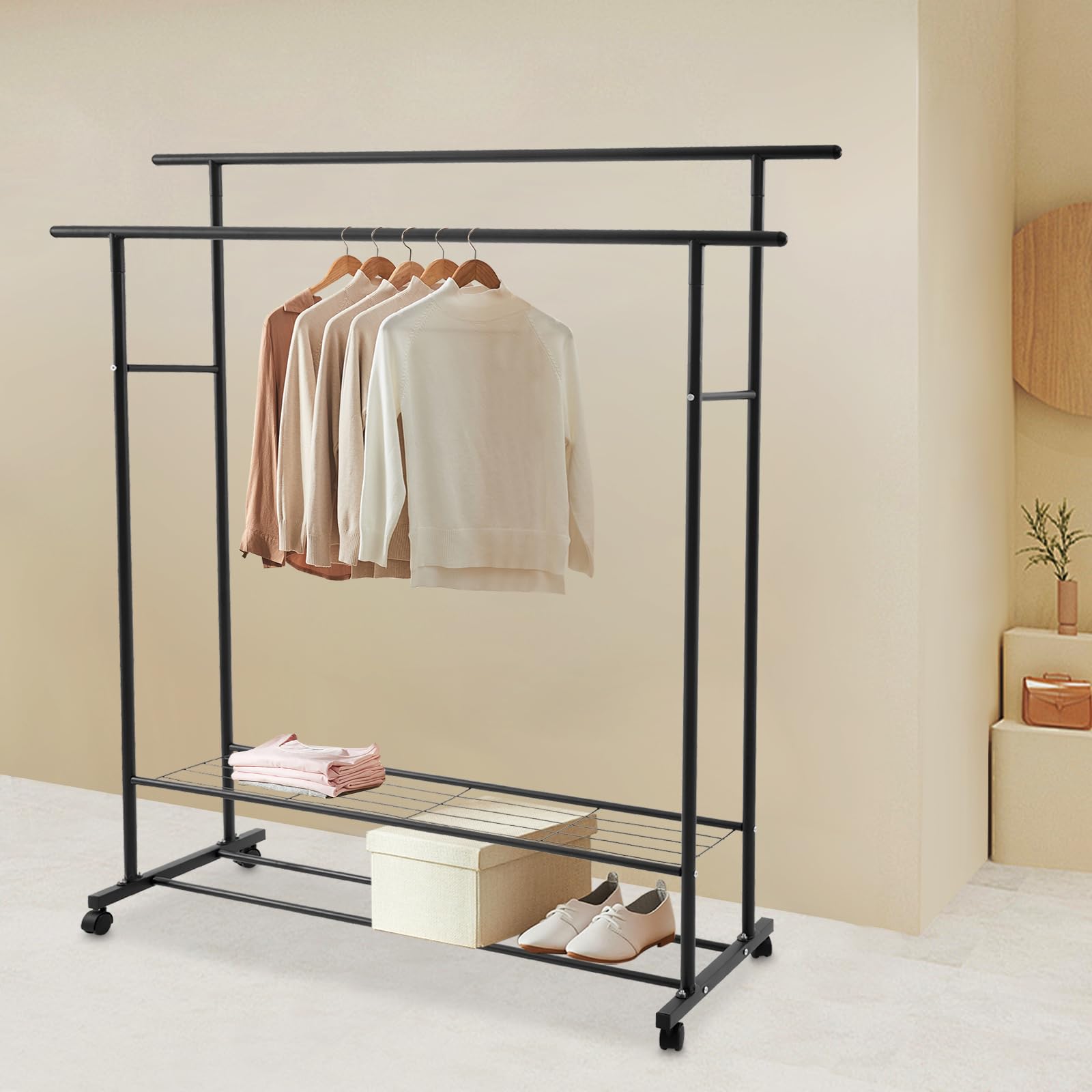 Perchero con ruedas para colgar ropa, perchero con ruedas, de hierro y plástico, perchero portátil con estantes, para ropa, bufandas, sombreros, bolsos (negro)