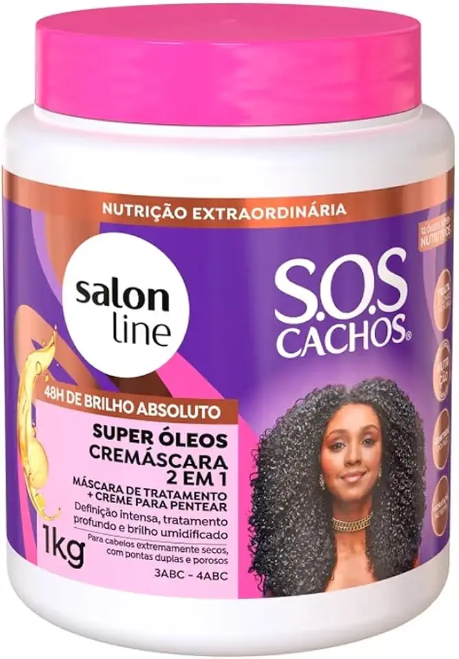 Salon Line, Máscara Capilar, Cremáscara 2 em 1, SOS Cachos, Super Óleos - Cabelos Ondulados, Cacheados e Crespos, 1 Kg