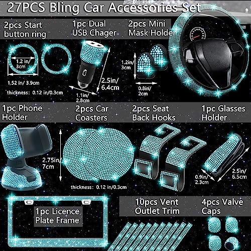 Image of NBTEPEM 27 PCs Aquamrine Bling Car Accessories Set for Women, Steering Wheel Covers Universal Fit 15 Inch, Bling License Plate Frame, Bling Phone Holder, Bling Car Coasters (Aquamrine Diamond)