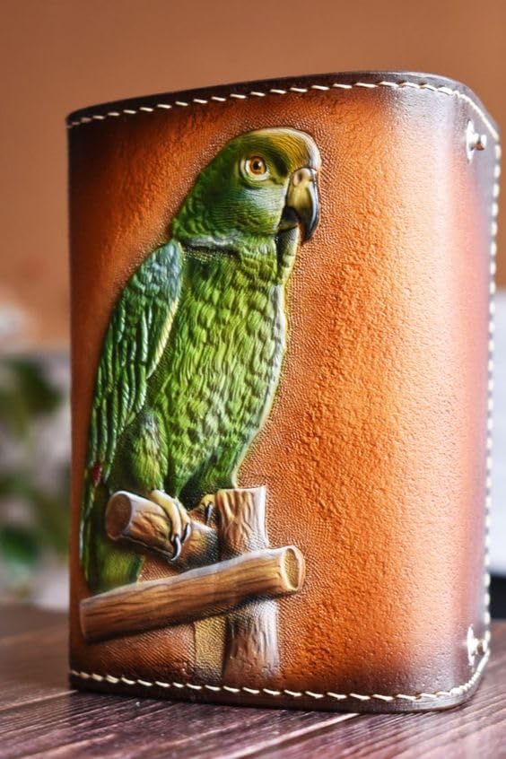 Bird, Parrot, Sparrow, Macaws, Kingfisher, Parakeets, Men's 3D Genuine Leather Wallet, Trifold Wallet, Card Holder, Handmade wallet, Carved wallet, Tooled wallet, Airbrush Art2