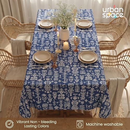 Image of Urban Space 100% Cotton Dining Table Cover for 4 Seater, Printed Cotton Table Cloth for Center Table, 48 inch X 72 inch (Twigs Indigo, 4 Seater)