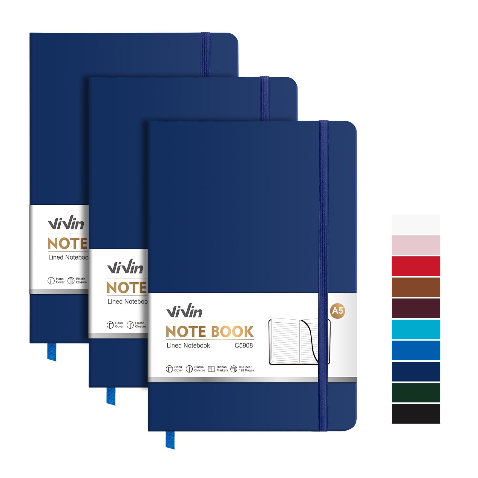 ViVin Quaderni a righe, confezione da 3, (blu marino), 192 pagine, medio 14 x 21,1 cm, a righe universitarie, quaderni A5 con copertina rigida, quaderni per scrittura, affari, scuola