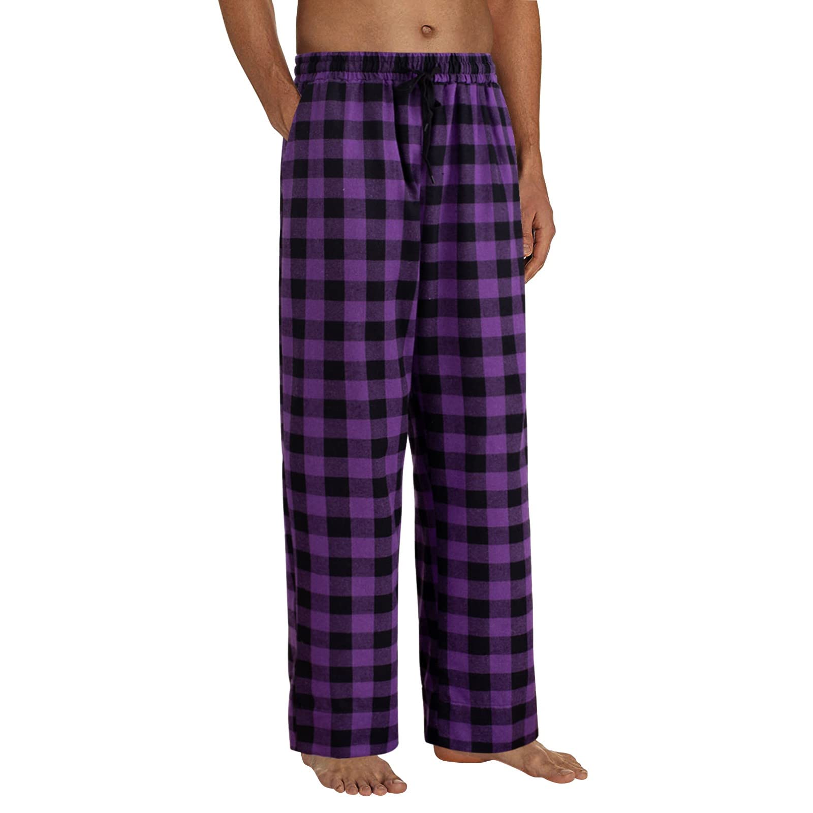 BUKKNYE Mens Flannel Pyjama Bottoms Brushed Cotton Check Lounge Pants Nightwear(Purple,XXL)