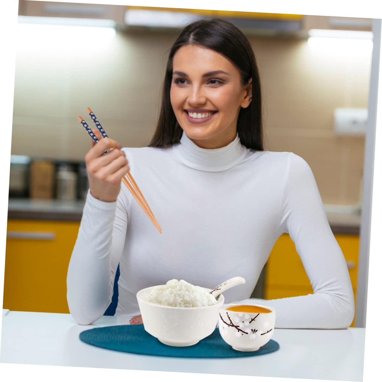 Service de Table Japonerie Assiette Cuillère Bol et Baguettes Tasse Personne en Céramique 6 Pièces Ensemble Pratique et Complet pour Usage Quotidien