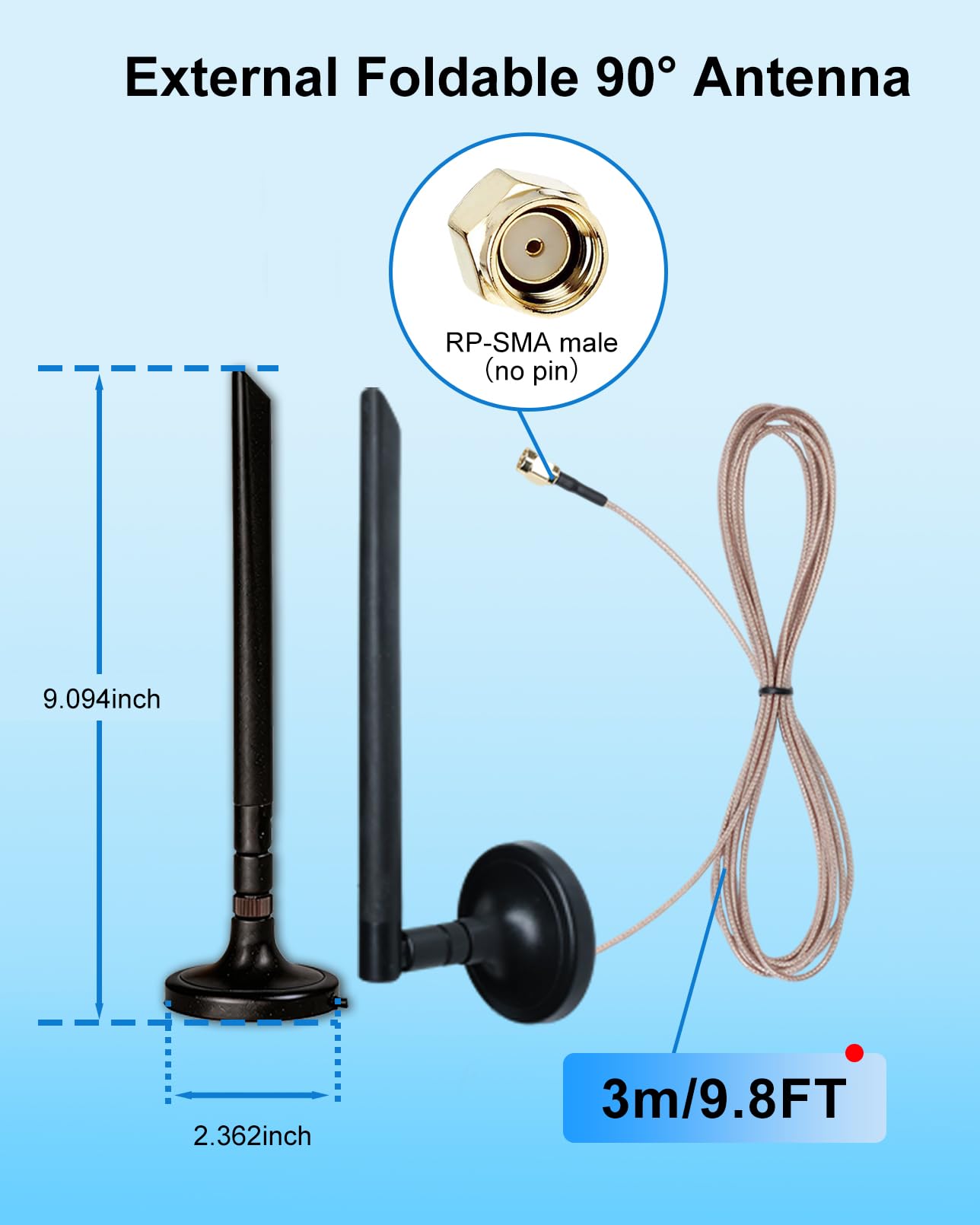 Antenne d'extension de caméra sans fil avec câble de 3 m, antenne SMA externe avec base magnétique, conçue pour aider à améliorer la réception du signal, compatible avec caméra sans fil (caméra non