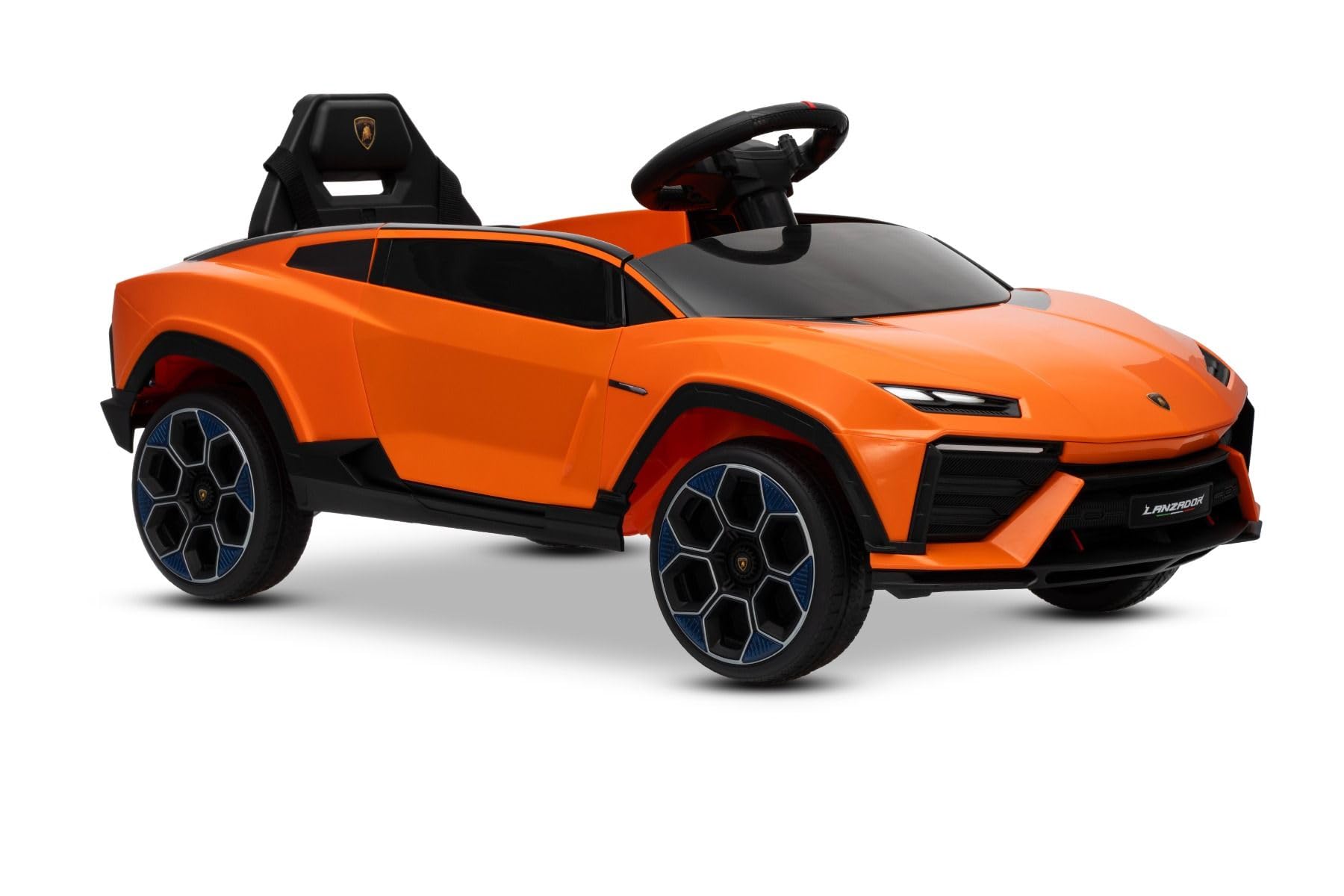 Lamborghini Lanzador elektryczny Ride-on-Auto 12 V z napędem na tylne koła, licencjonowany (jednoosobowy), pomarańczowy, bateria litowa, oświetlenie LED, szerokie siedzisko, pilot zdalnego sterowania