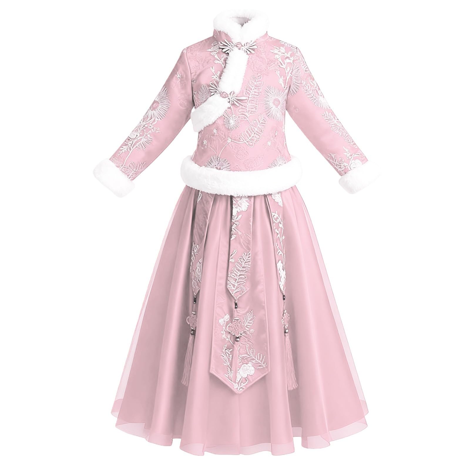 Ragazze Carino Gonna Cinese Abiti 2 Pezzi Ricamo Fiore Compleanno Concorso Abiti Bambini Bambino Polso Pile Polsini Cappotti Mesh Tulle Gonne Pieghe Capodanno Abiti Tradizionali