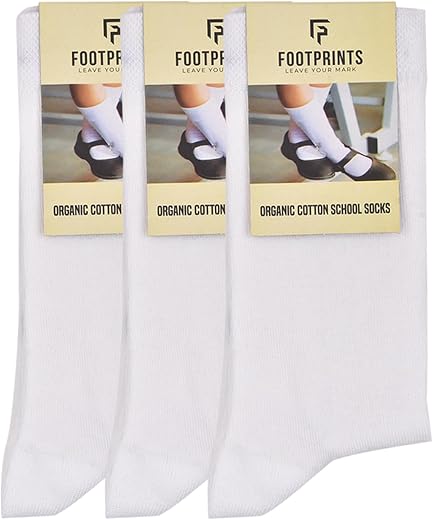 FOOTPRINTS Kids Organic Cotton School Socks - Unisex - Calf length- Pack of 3 | White | Extra soft and Breathable