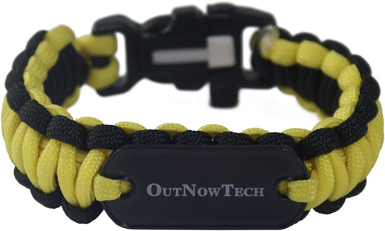 Paracord Survival Bracelet with Whistle and Fire Starter (Black/Yellow) – Easy to Carry Emergency Survival Gear Kit - Unravels to Provide 10ft of Paracord 550