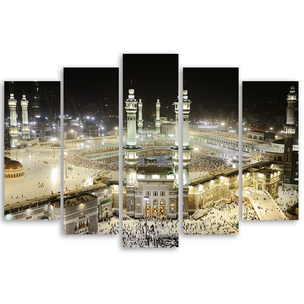 Feeby Tableau décoration 200x100 cm Arabie Saoudite Islam Mecque Kaaba Toile 5 parties Tableau Moderne Photo Chambre à Coucher Moyen-Orient Foi Vénération Religion beige