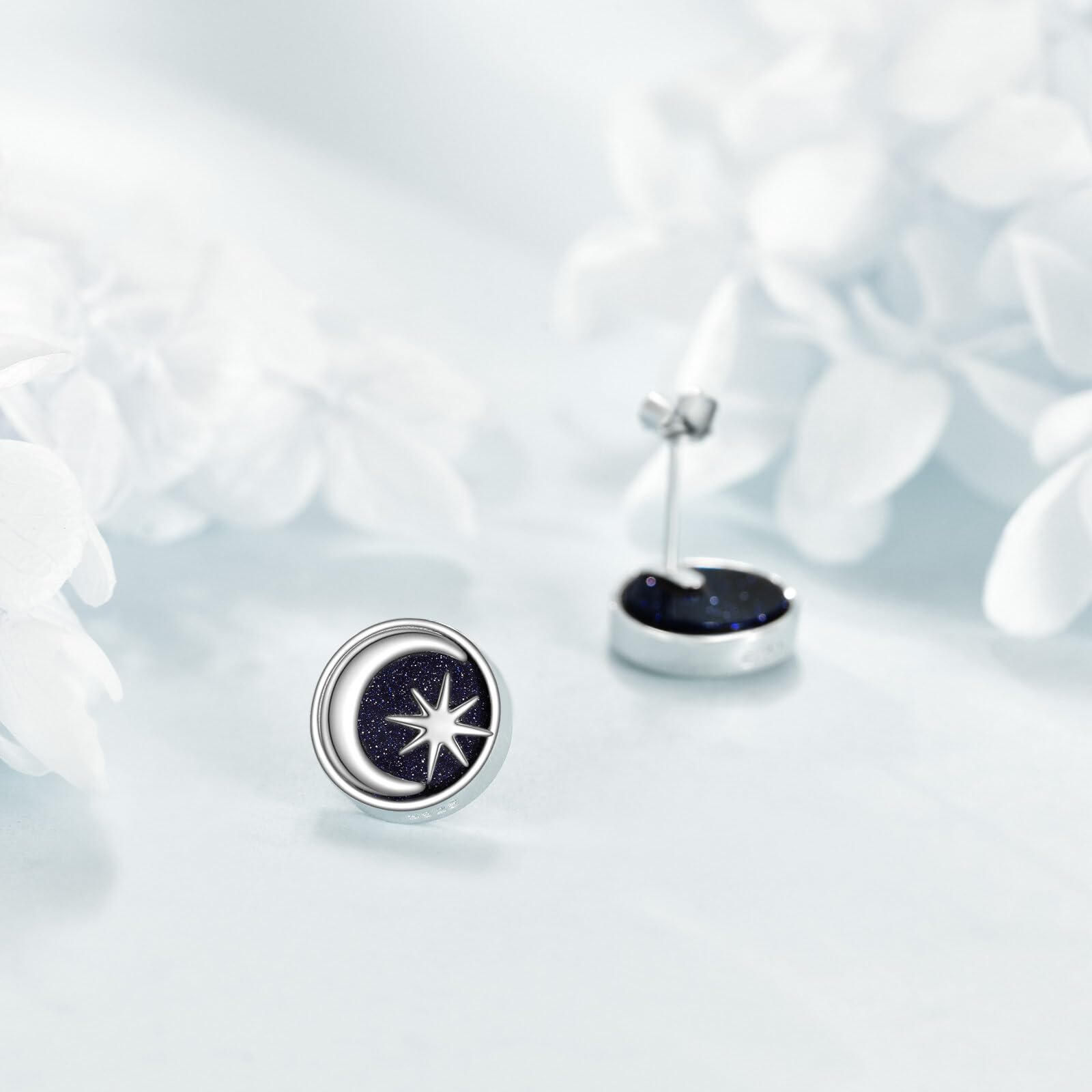 VONALA Pendientes de tuerca pequeños de plata de ley 925 con diseño de sol y luna negra, hipoalergénicos, regalos para familiares y amigas
