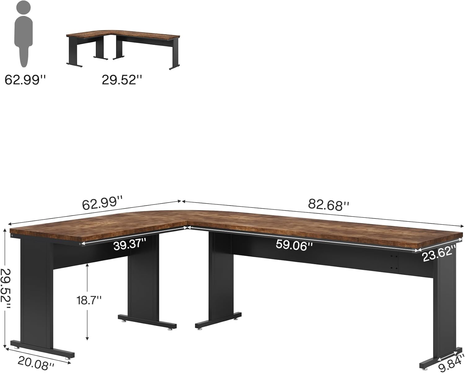 Diagram illustrating the overall dimensions of the L-shaped desk, including length, width, and height.