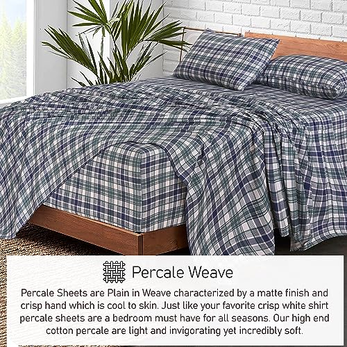RUVANTI 100% Cotton Full Size Bed Sheets, 4 Pieces, Soft & Breathable Percale Weave Bedding, Deep Pocket 16", Hotel Standard, Crisp Cool Feel, Durable, Perfect Sheet Set Plaid, Greenish Blue Plaid