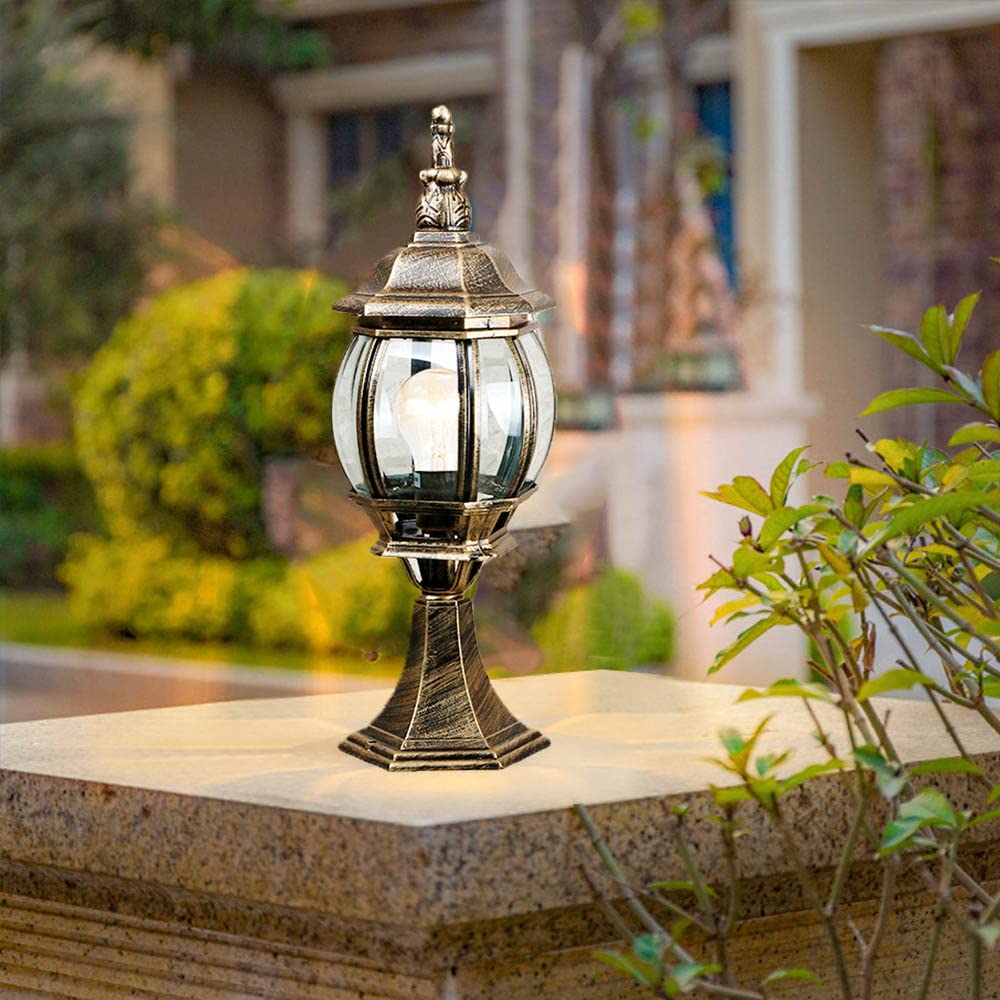 Lámpara de sobremuro de cristal de aluminio dorado antiguo E27 Farol de estilo rústico exterior Faros columna impermeable Iluminación Pilar Lámpara de pie para jardín patio terraza Césped Camino