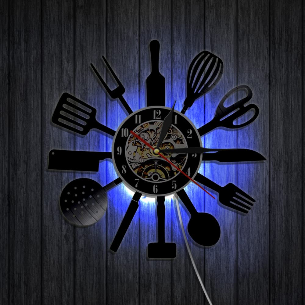 Smotly With Light Vinyl Wall Clock, Kitchen Kitchenware Pattern Design Modern With 7 Colors Led Night Light Decorative Silent Gift. (With Light)