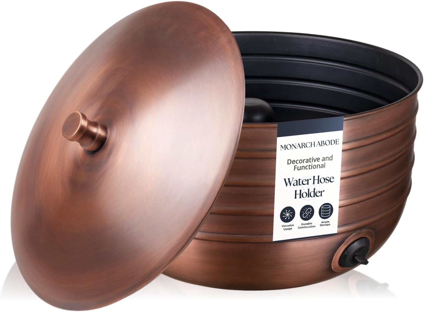 Monarch Abode Decorative Garden Hose Holder with Lid, Antique Copper Storage for Outdoor Use, 100 ft Water Hose Pot for Outside, Border Embossed Metal Pot with Drainage, Garden Storage Organizer Border Embossed Antique Copper Finish