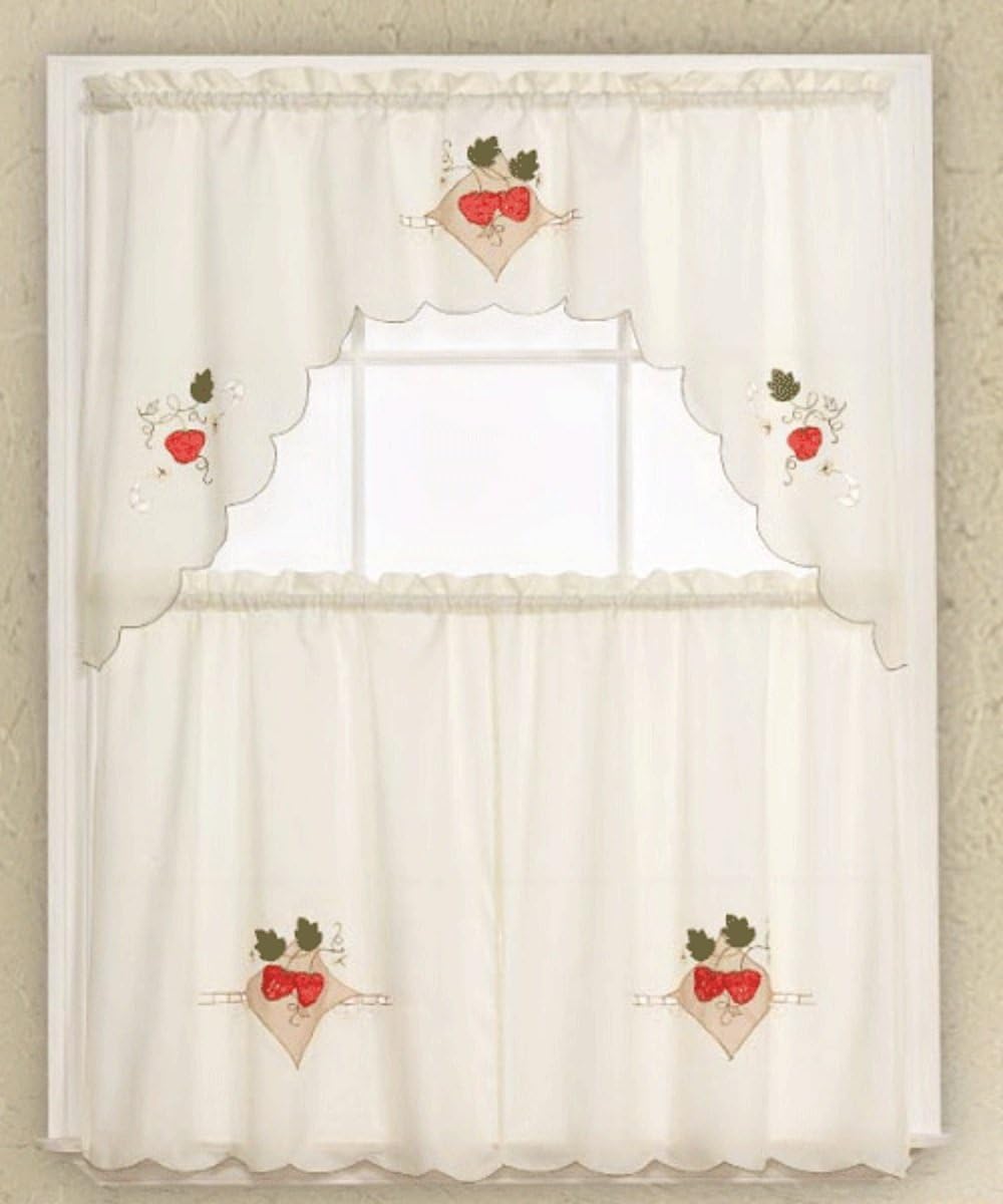 WPM 3piece Beige with Strawberry Kitchen Curtain /Cafe Tier and Swag Set
